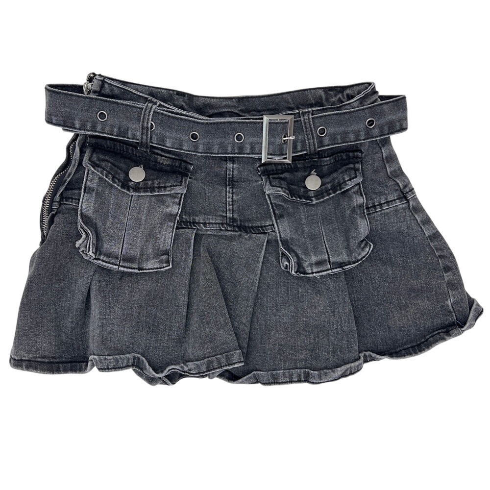 vintage Y2K Black Denim Pleated Cargo Skort Belted Micro Mini Size S‎